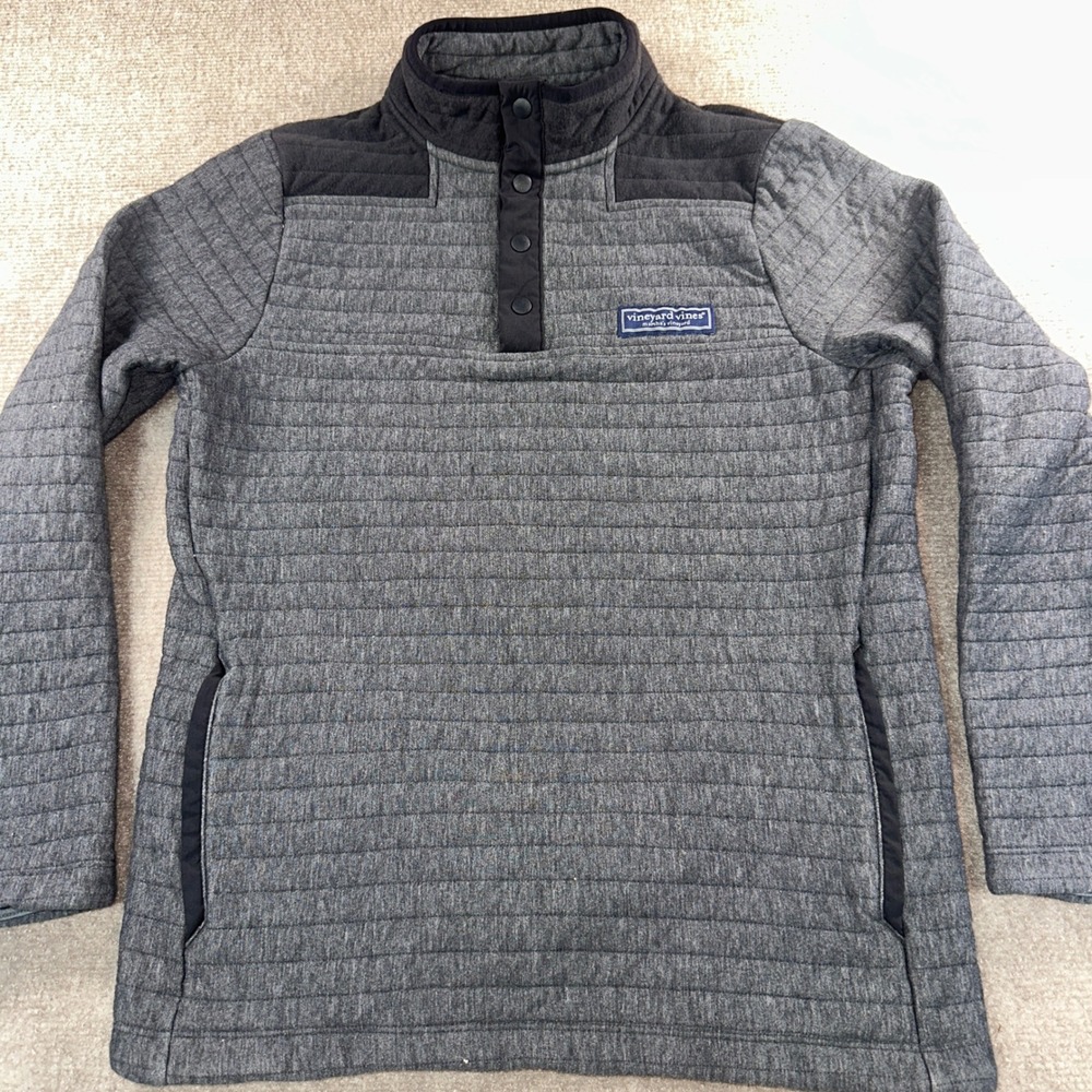 Vineyard Vines Boys Gray Quilted Snap Mock Neck Pullover Sweater Size Large 16
